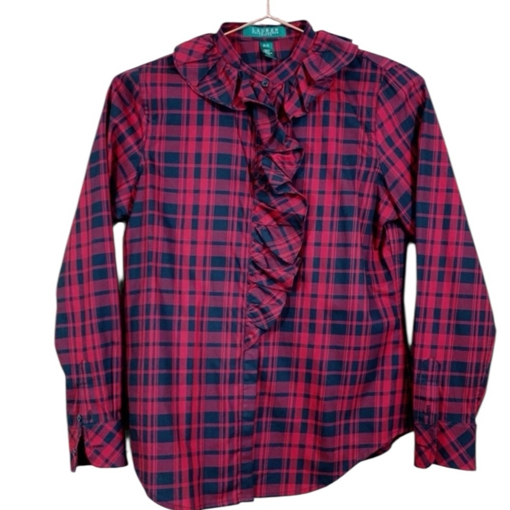 Lauren Ralph Lauren Red Black Buffalo Plaid Ruffle Cotton Blouse Fall Christmas